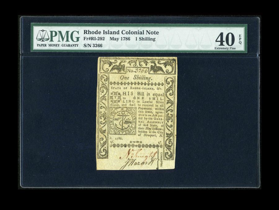 RI-292, Rhode Island One Shilling Colonial Note, May, 1786, Extremely Fine, PMG-40 EPQ, 3266